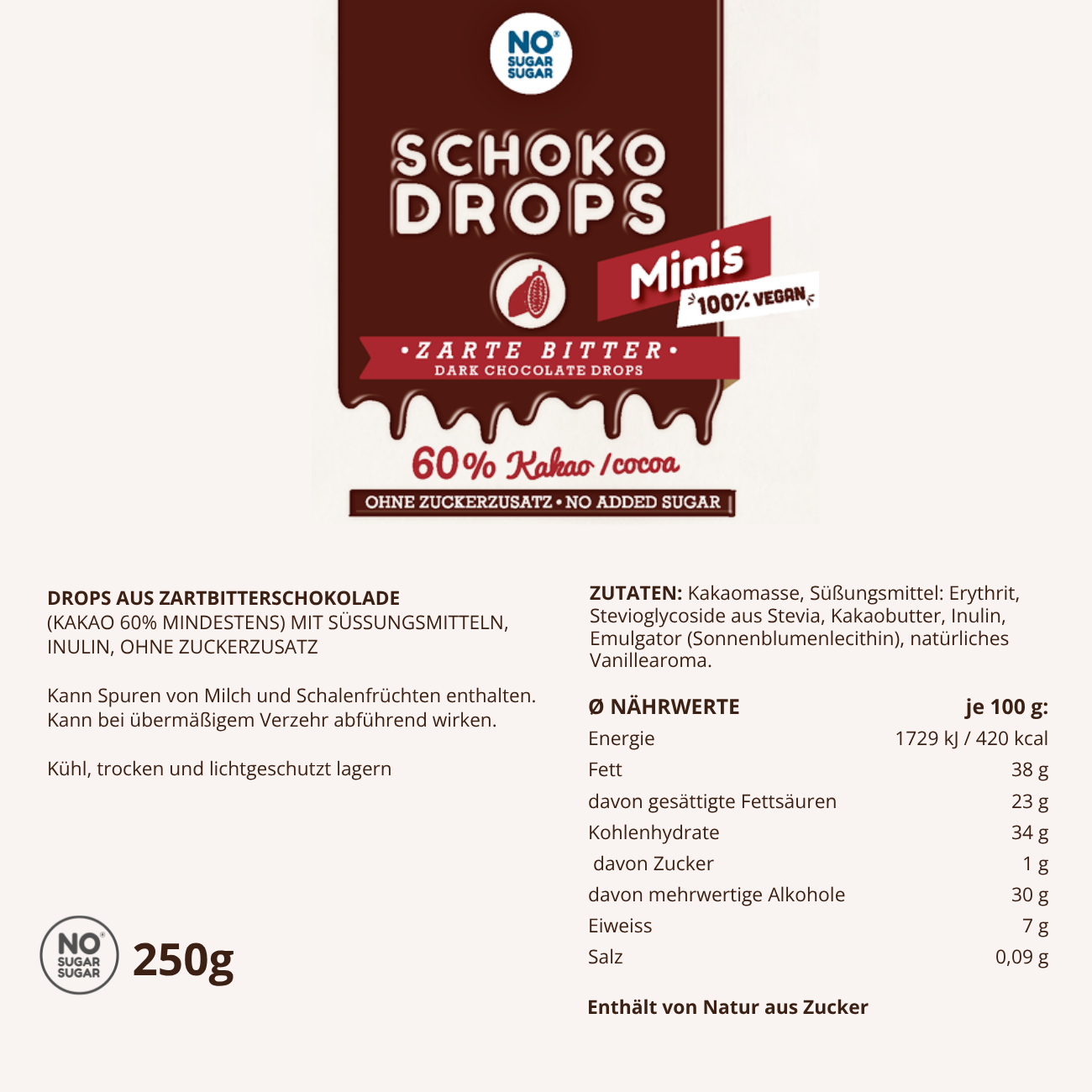NO SUGAR SUGAR Chocolate Drops Minis Dark 250g