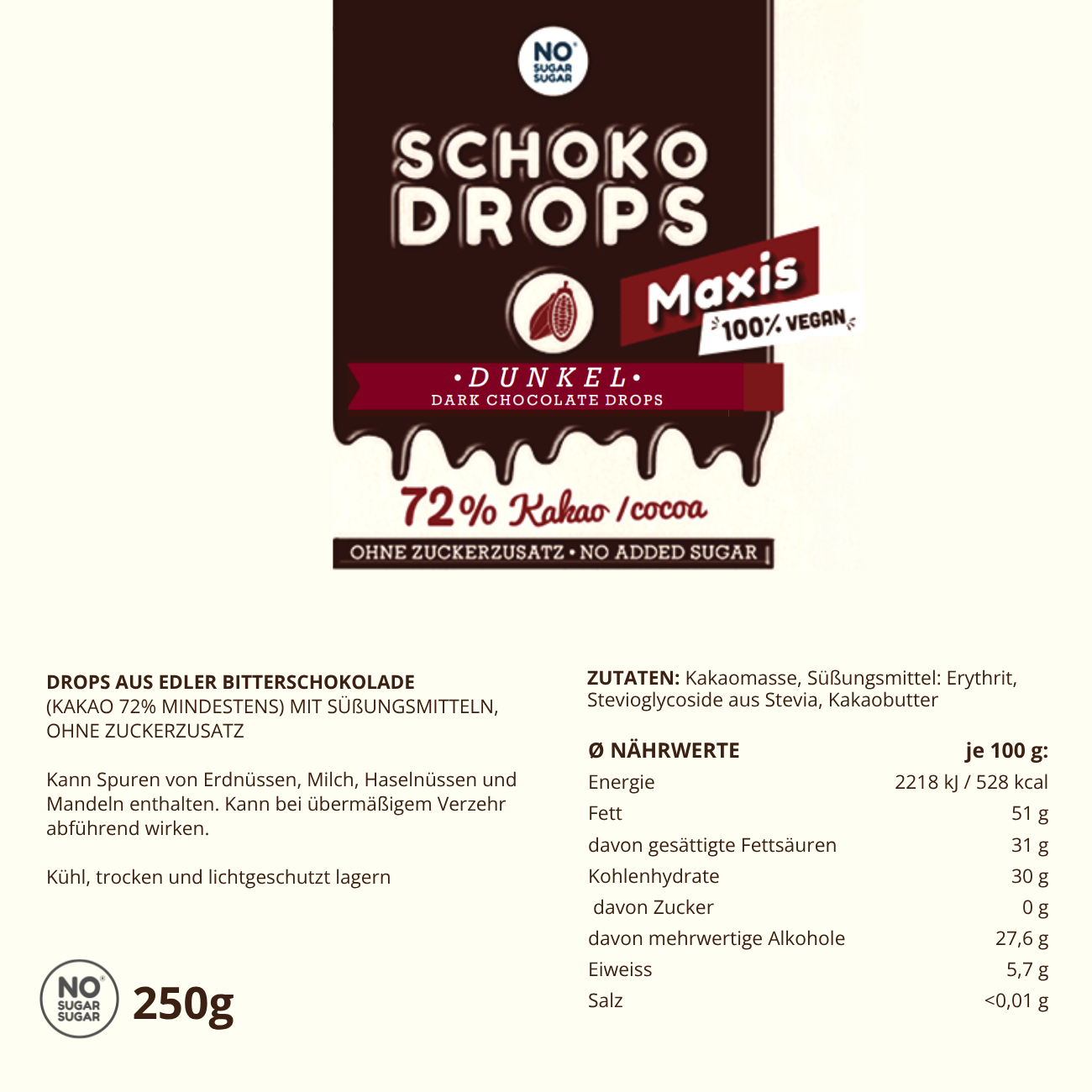 NO SUGAR SUGAR Chocolate Maxi Drops Dark 250g