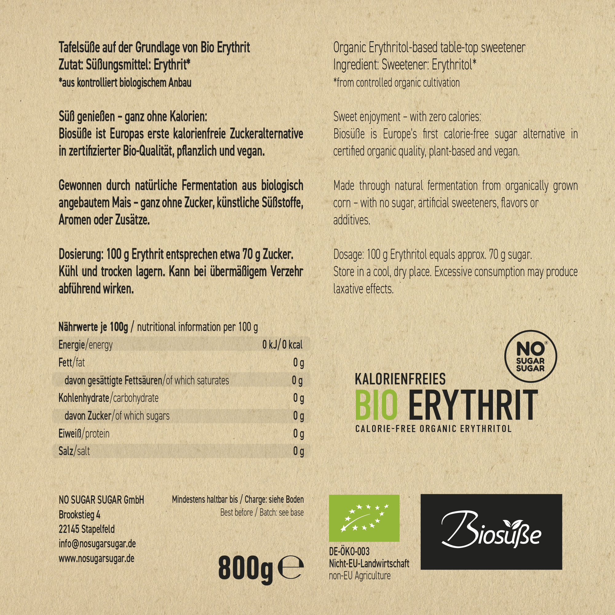 Biosüße Organic Erythritol 800g