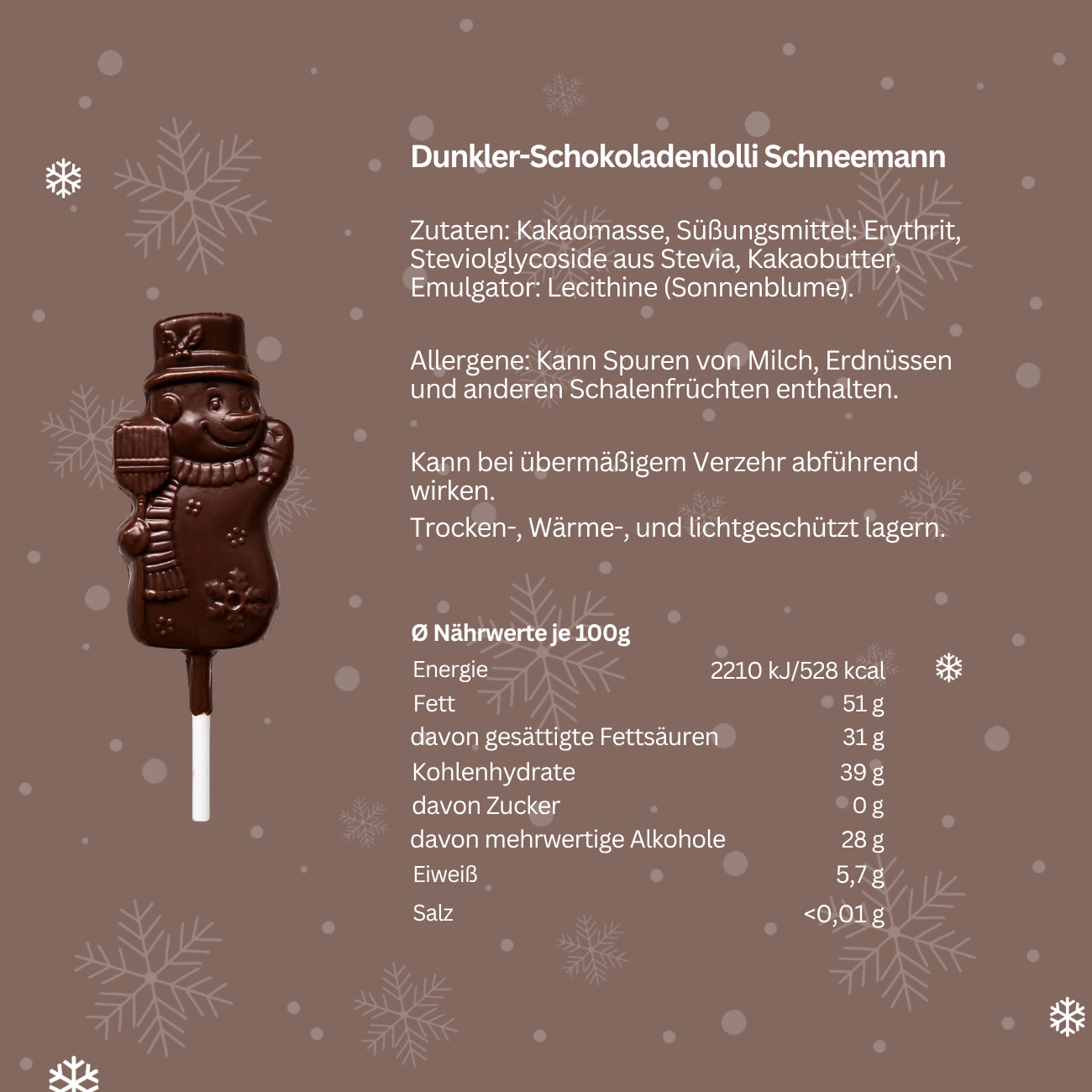 NO SUGAR SUGAR Chocolate Lolly Snowman Dark 10g
