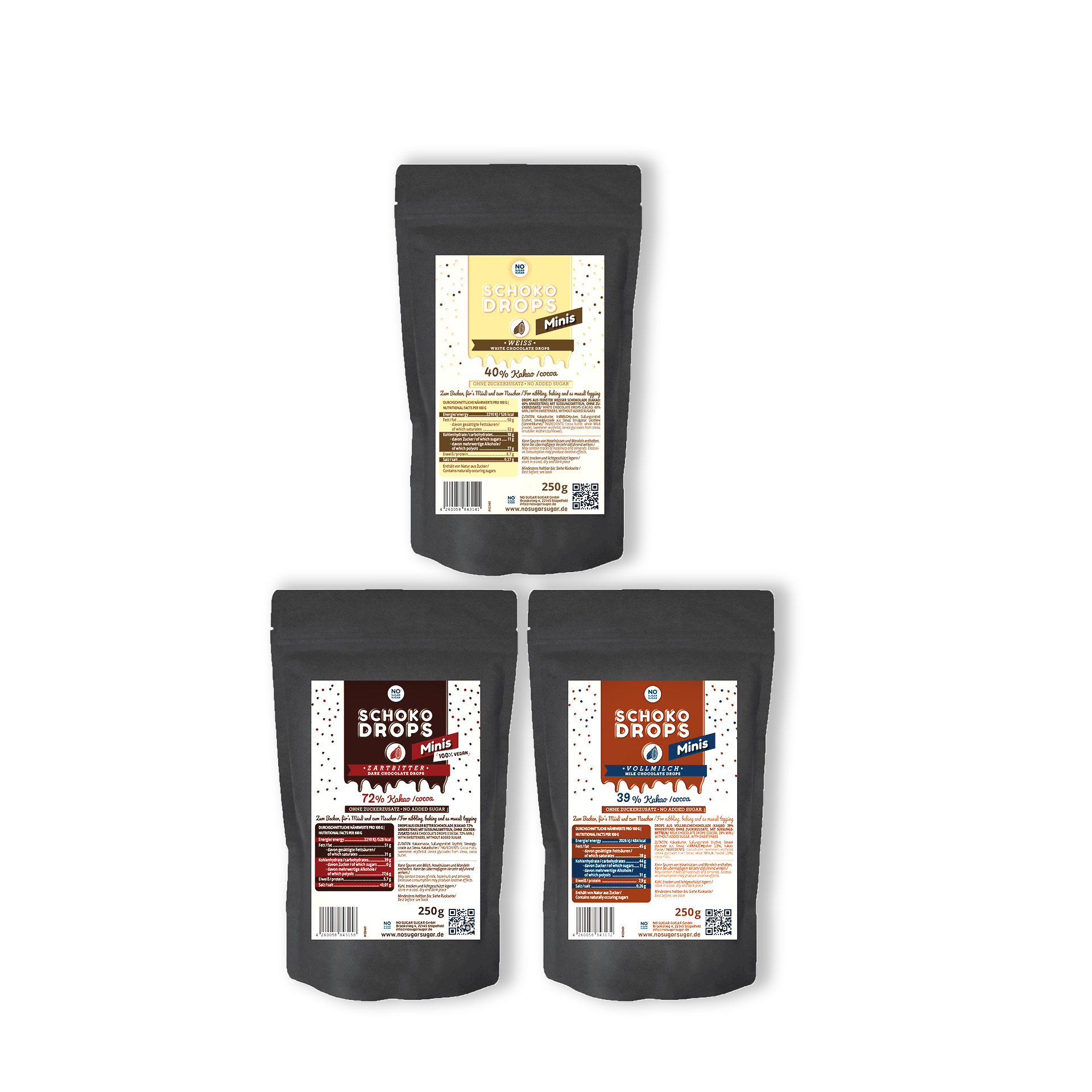 NO SUGAR SUGAR Chocolate Drops Minis tasting set Mix 3x250g