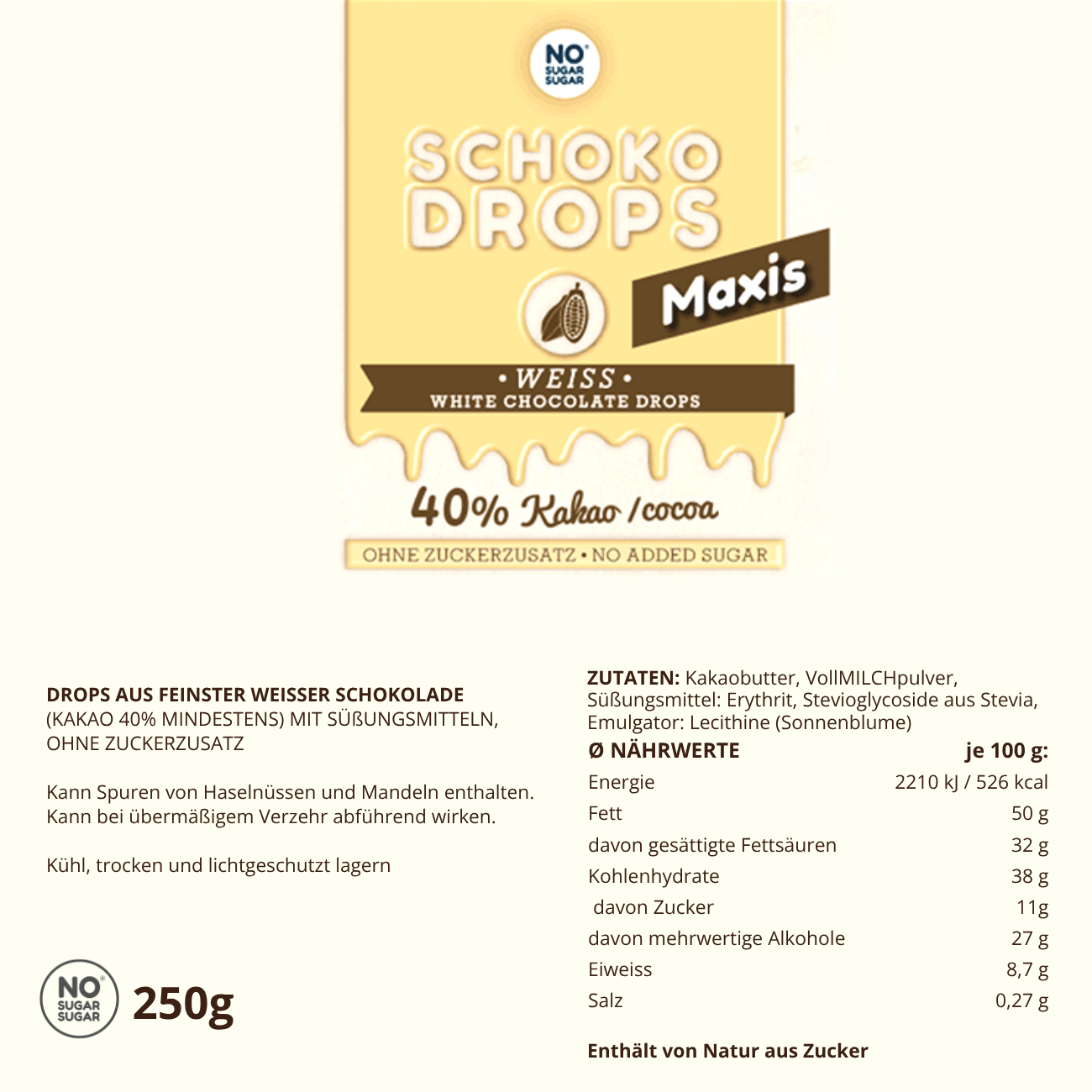 NO SUGAR SUGAR Chocolate Drops Maxi White 250g