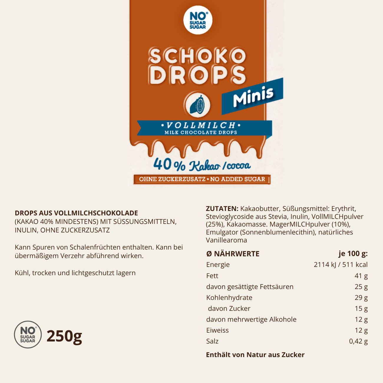 NO SUGAR SUGAR Chocolate Drops Minis Whole Milk 250g