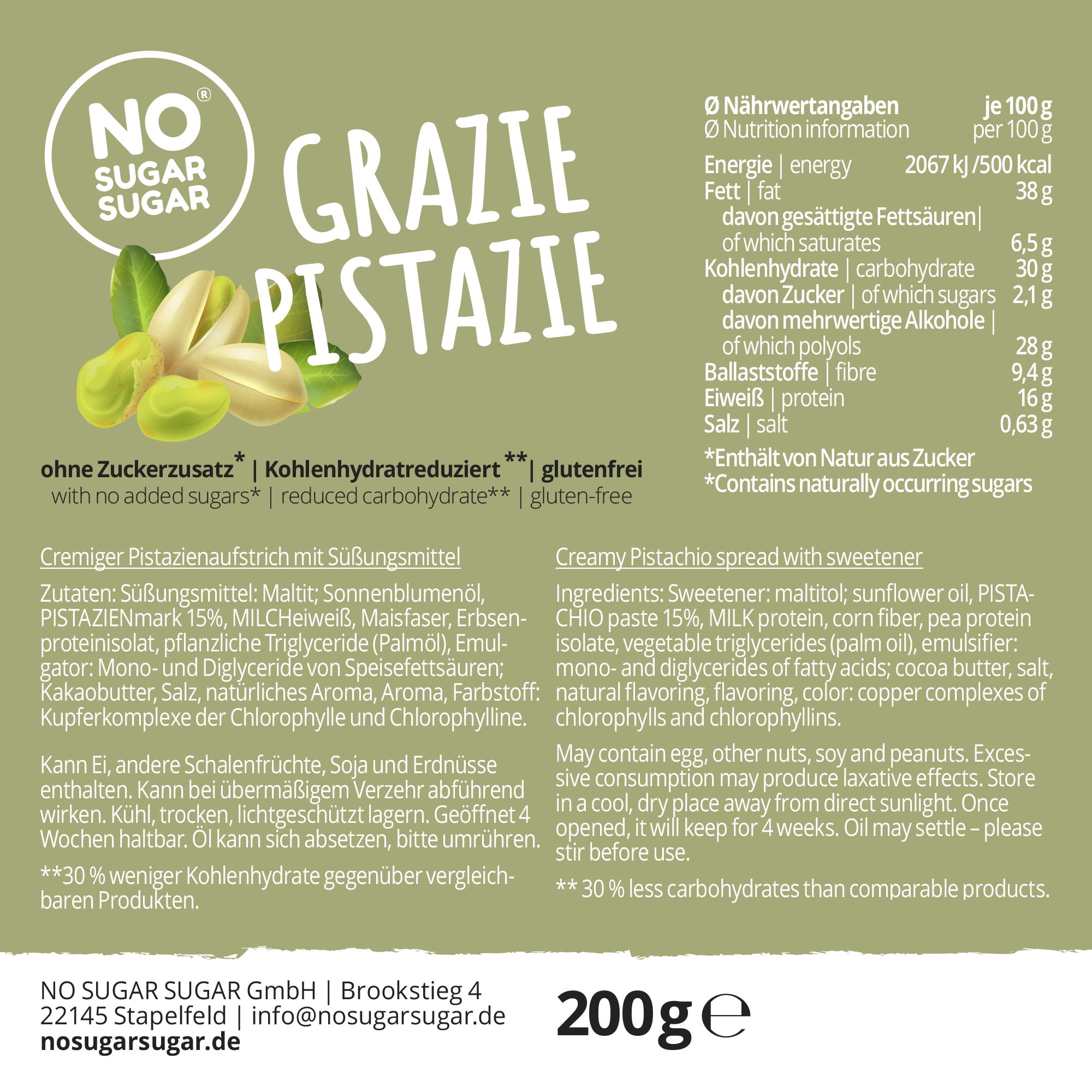 NO SUGAR SUGAR Spread pistachio Grazie Pistazie 200g