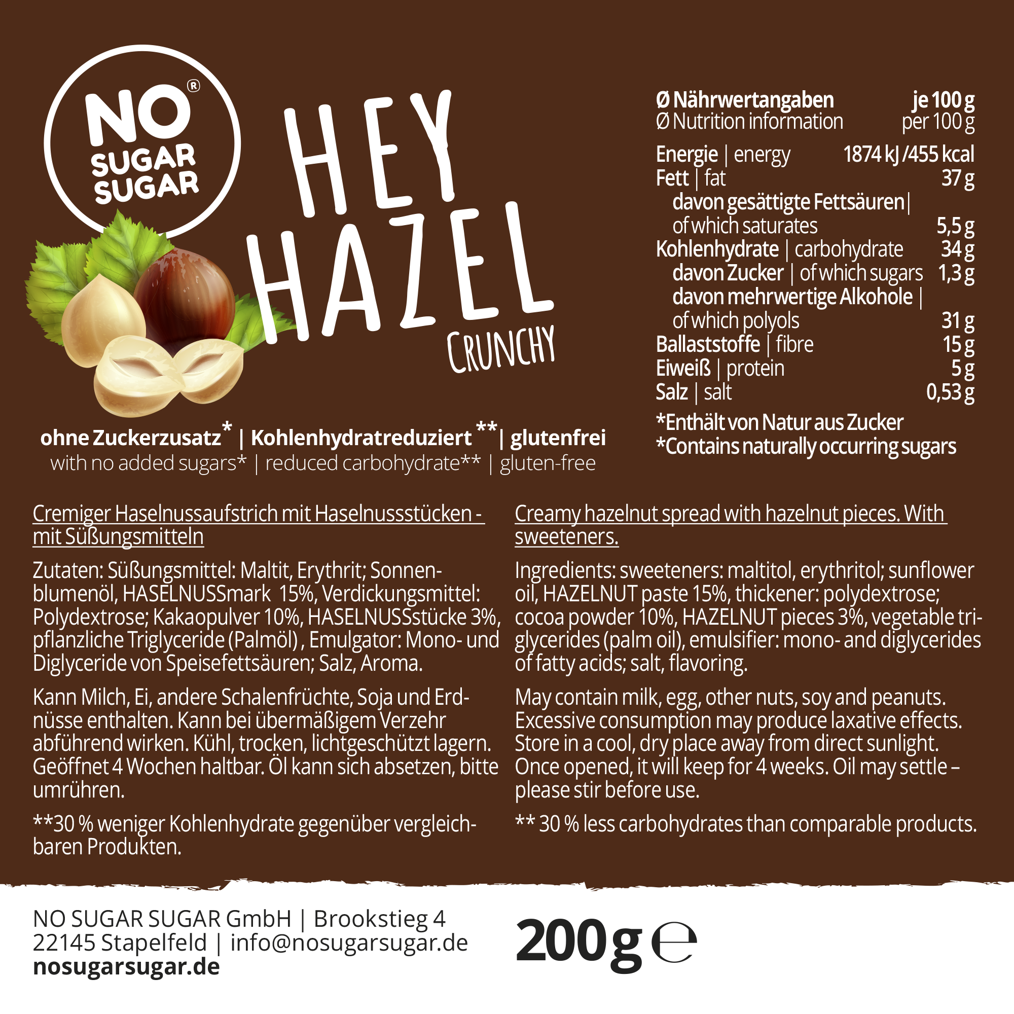 NO SUGAR SUGAR Spread hazelnut Hey Hazel Crunchy 200g