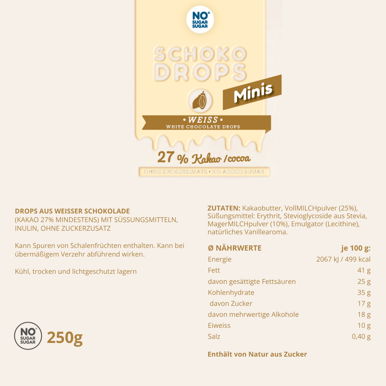 NO SUGAR SUGAR Chocolate Drops Minis White 250g