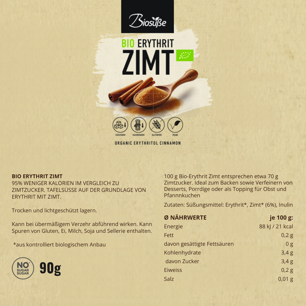Biosüße Organic Erythritol Cinnamon 90g