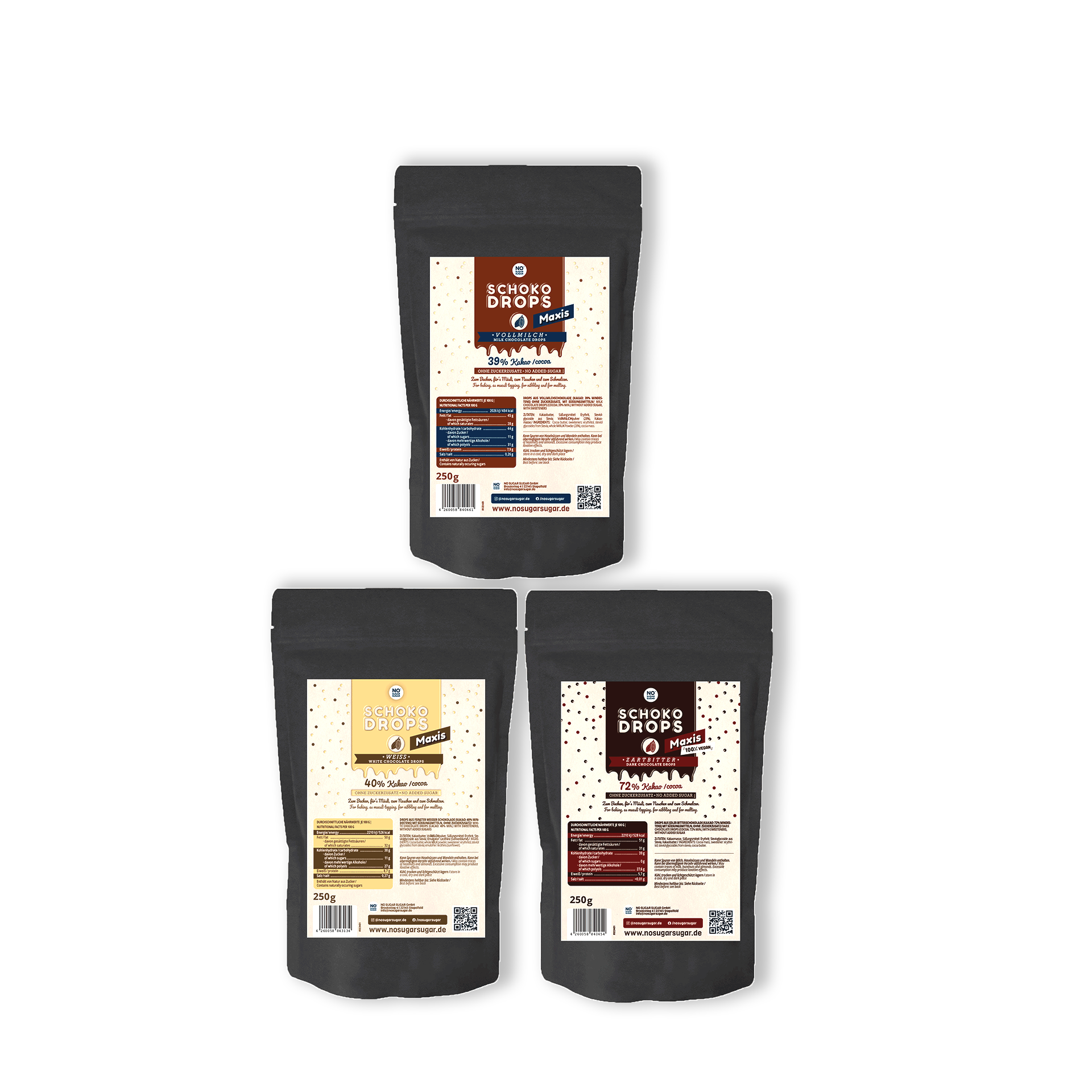 NO SUGAR SUGAR Chocolate Drops tasting set Mix 3x250g